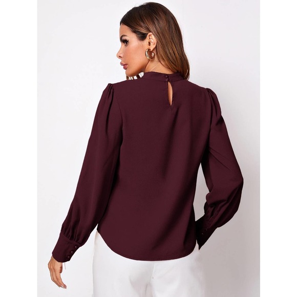 Button Cuff Gathered Neck long sleeve blouse Top black - Picture 11 of 11